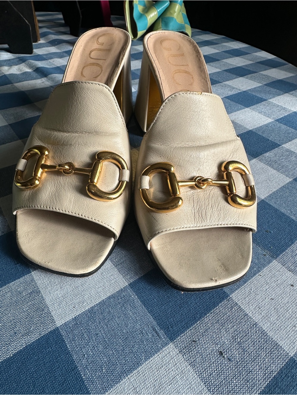 Gucci Cream Leather Horsebit Mule Slides with Gold Hardware